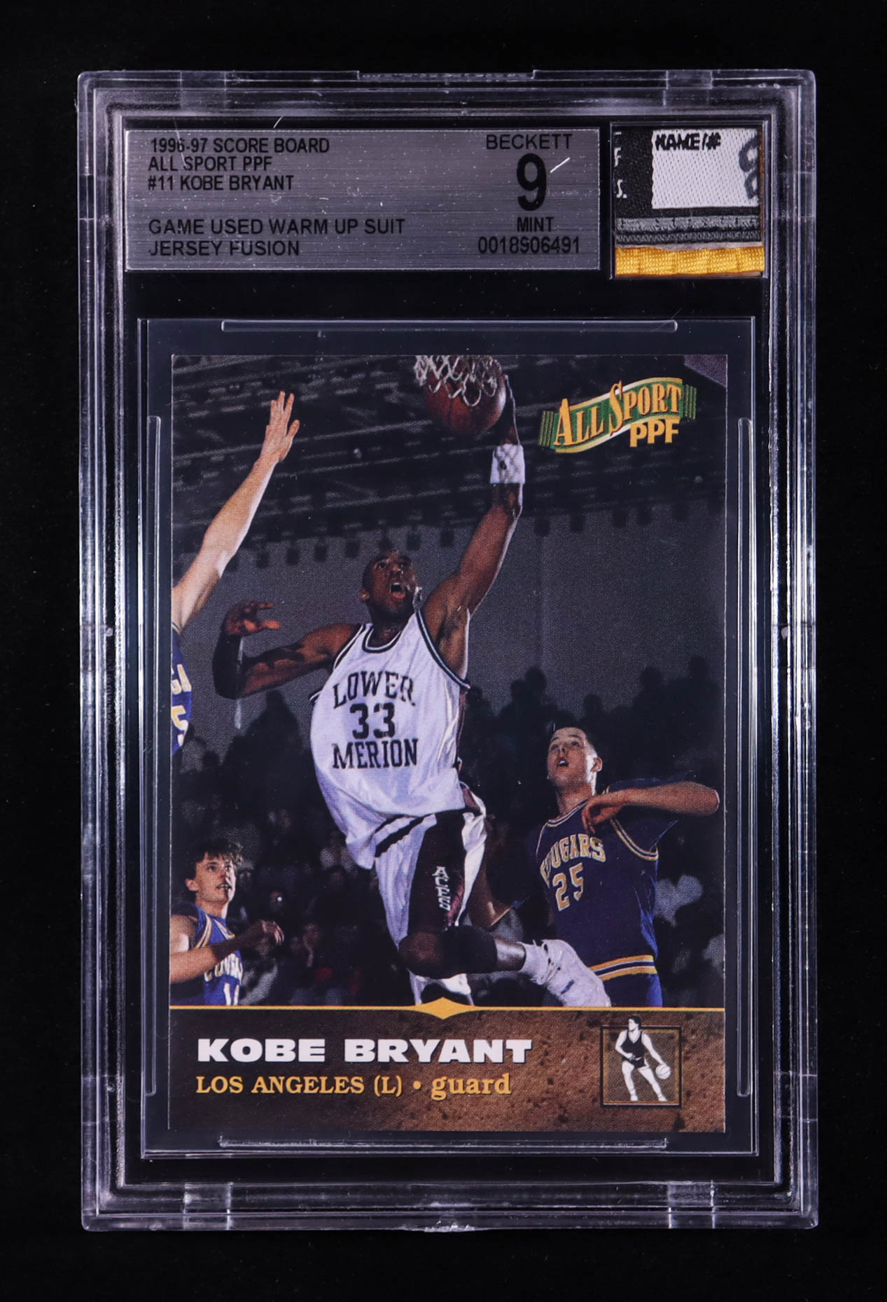 Kobe Bryant 1996-97 Score Board All Sport PPF #11 RC With Game-Used Warm Up Suit Swatch (BGS 9) at PristineAuction.com Kobe Bryant 1996-97 Score Board All Sport PPF #11 RC With Game-Used Warm Up Suit Swatch (BGS 9) at PristineAuction.com