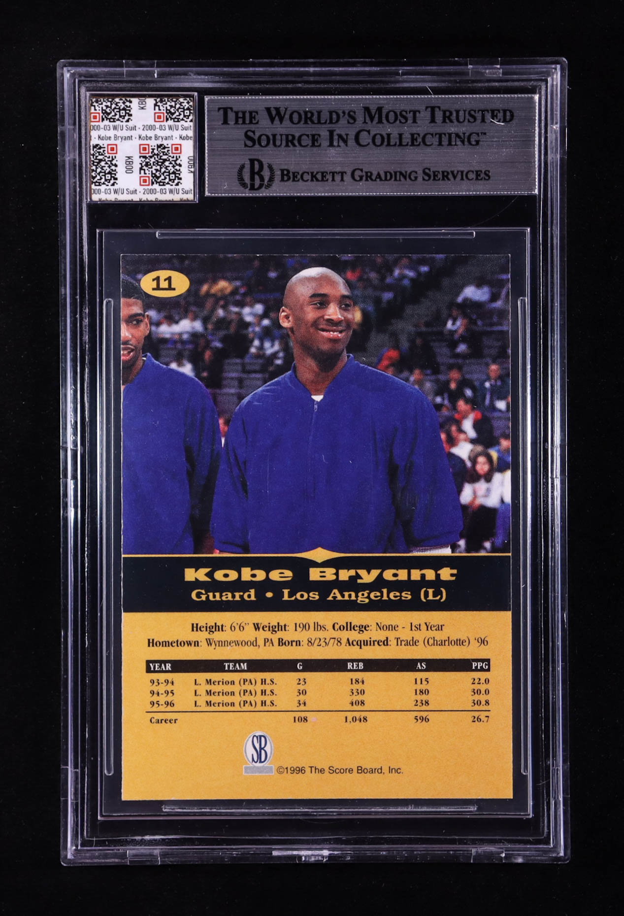 Kobe Bryant 1996-97 Score Board All Sport PPF #11 RC With Game-Used Warm Up Suit Swatch (BGS 9) at PristineAuction.com Kobe Bryant 1996-97 Score Board All Sport PPF #11 RC With Game-Used Warm Up Suit Swatch (BGS 9) at PristineAuction.com