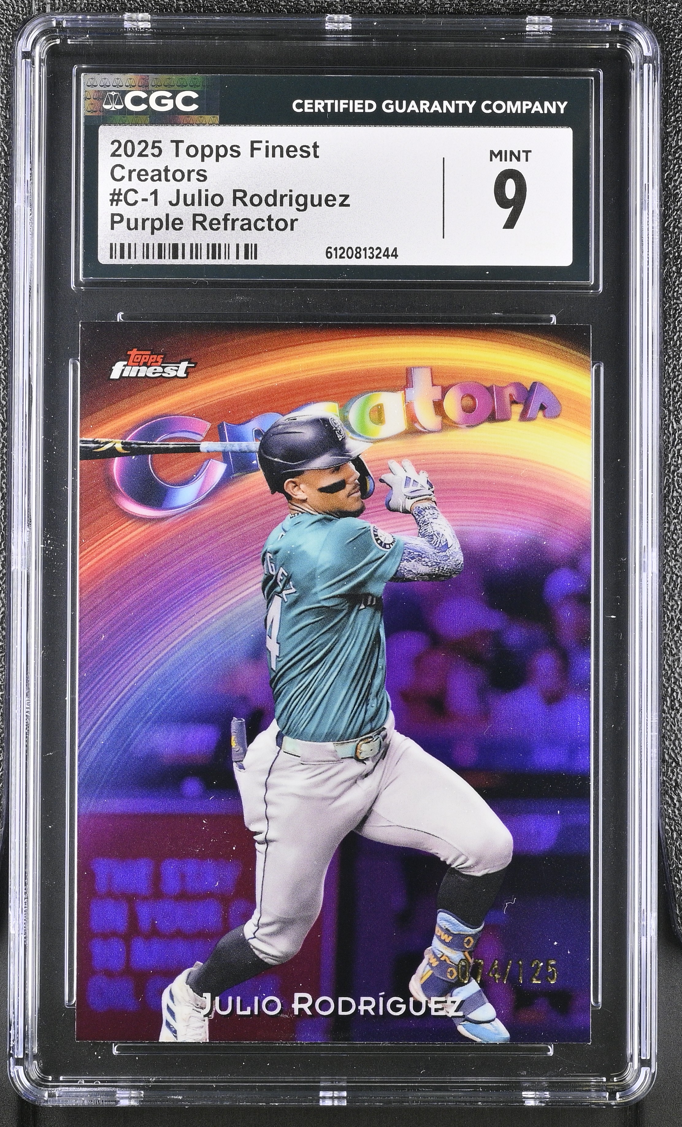 Julio Rodriguez 2025 Topps Finest Creators Purple Refractor #C-1 #74/125 (CGC 9) at PristineAuction.com Julio Rodriguez 2025 Topps Finest Creators Purple Refractor #C-1 #74/125 (CGC 9) at PristineAuction.com