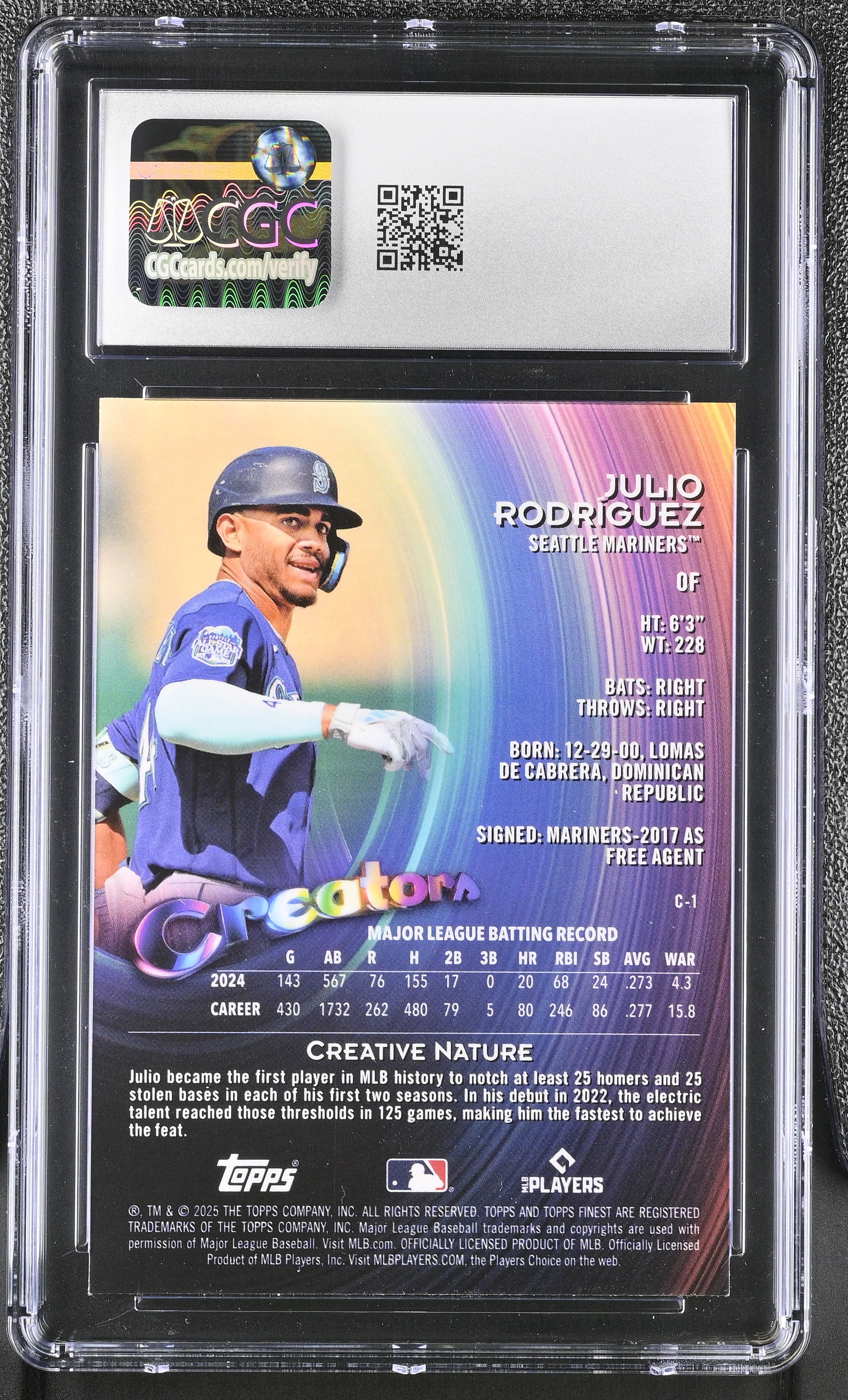 Julio Rodriguez 2025 Topps Finest Creators Purple Refractor #C-1 #74/125 (CGC 9) at PristineAuction.com Julio Rodriguez 2025 Topps Finest Creators Purple Refractor #C-1 #74/125 (CGC 9) at PristineAuction.com