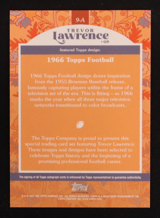 Trevor Lawrence 2021 Topps X Trevor Lawrence Autographs #9 RC / 1966 Topps Football at PristineAuction.com Trevor Lawrence 2021 Topps X Trevor Lawrence Autographs #9 RC / 1966 Topps Football at PristineAuction.com