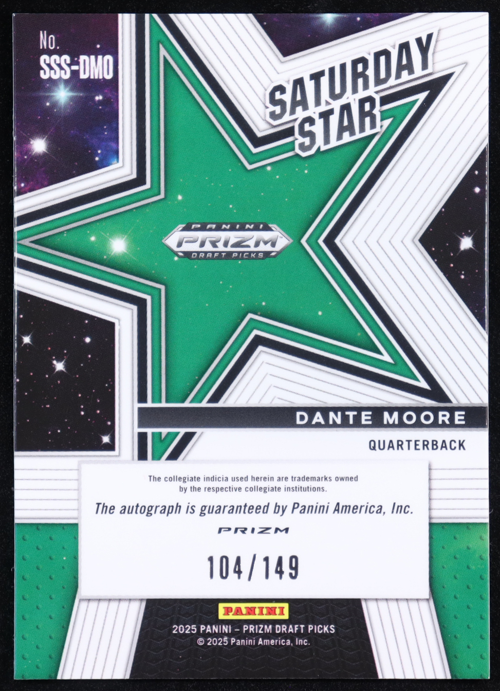 Dante Moore 2025 Panini Prizm Draft Picks Saturday Star Signatures Blue Ice #17 #104/149 RC at PristineAuction.com Dante Moore 2025 Panini Prizm Draft Picks Saturday Star Signatures Blue Ice #17 #104/149 RC at PristineAuction.com