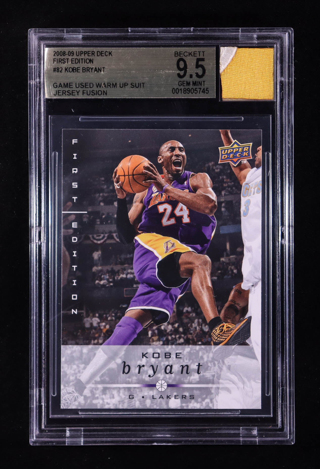 Kobe Bryant 2008-09 Upper Deck First Edition #82 With Game-Used Warm Up Suit Swatch (BGS 9.5) at PristineAuction.com Kobe Bryant 2008-09 Upper Deck First Edition #82 With Game-Used Warm Up Suit Swatch (BGS 9.5) at PristineAuction.com