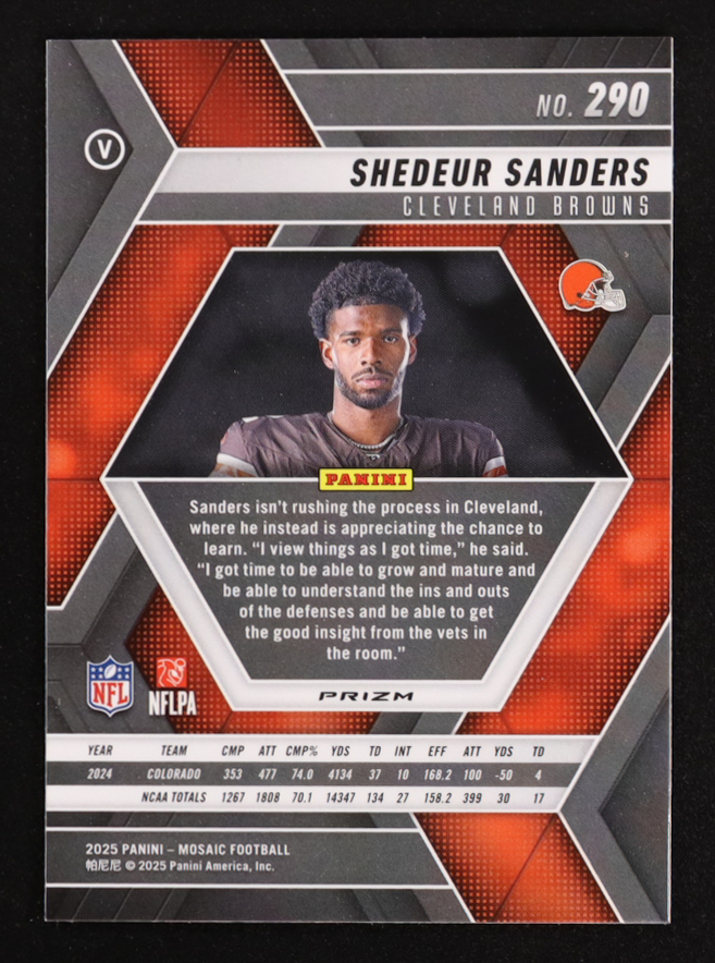 Shedeur Sanders 2025 Panini Mosaic Mosaic Camo Pink #290 VAR RC at PristineAuction.com Shedeur Sanders 2025 Panini Mosaic Mosaic Camo Pink #290 VAR RC at PristineAuction.com