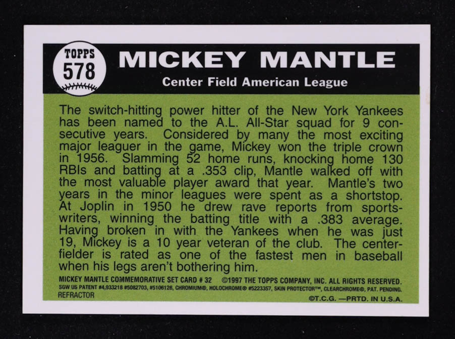 Mickey Mantle 1997 Topps Mantle Finest Refractors #32 at PristineAuction.com Mickey Mantle 1997 Topps Mantle Finest Refractors #32 at PristineAuction.com