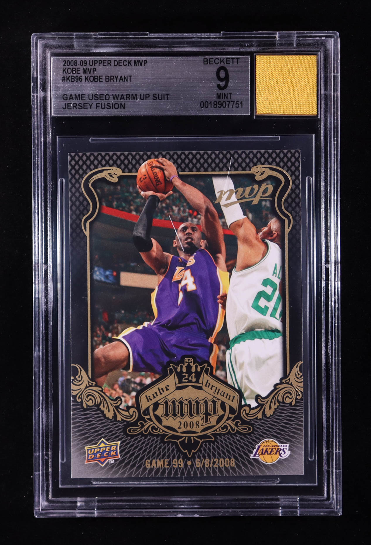 Kobe Bryant 2008-09 Upper Deck MVP Kobe MVP #KB96 With Game-Used Warm Up Suit Swatch (BGS 9) at PristineAuction.com Kobe Bryant 2008-09 Upper Deck MVP Kobe MVP #KB96 With Game-Used Warm Up Suit Swatch (BGS 9) at PristineAuction.com