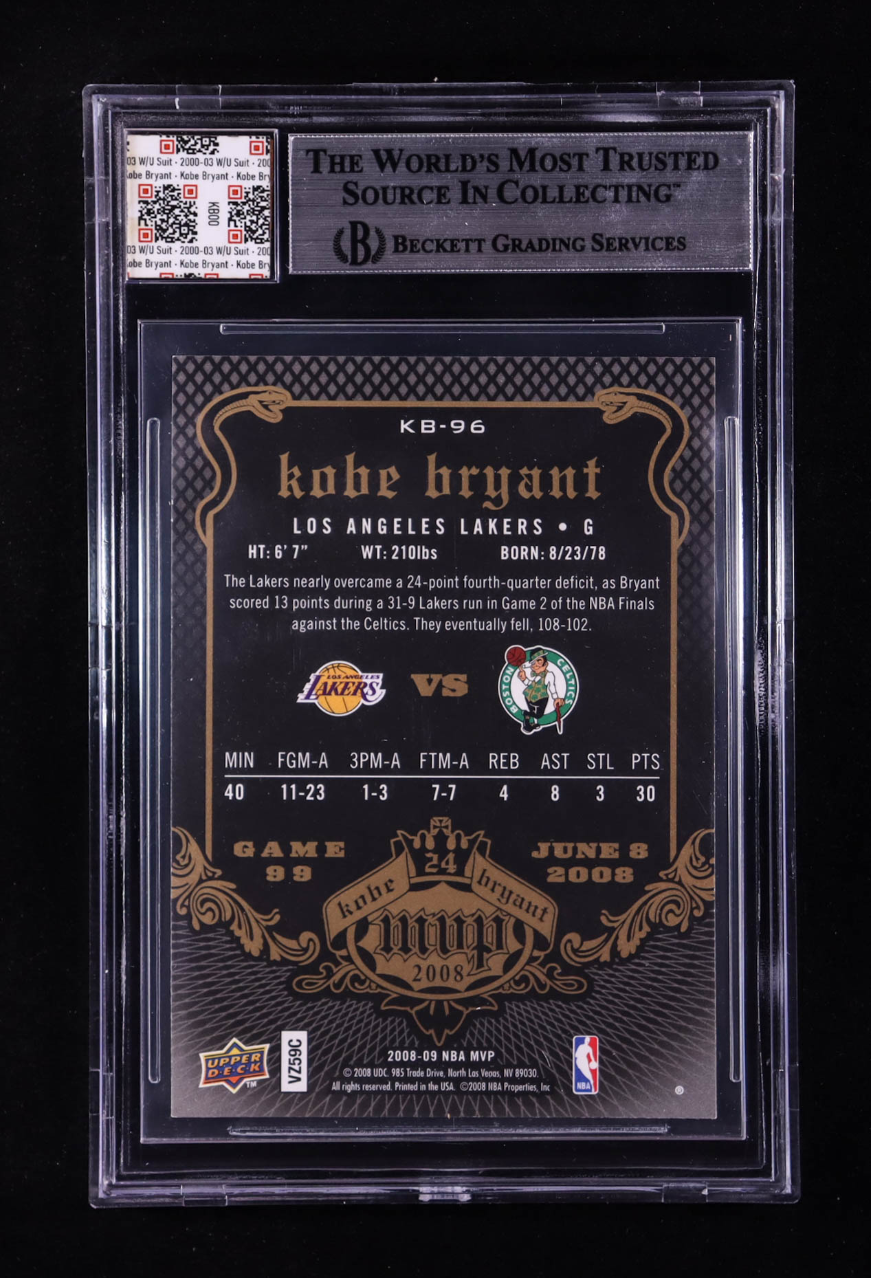 Kobe Bryant 2008-09 Upper Deck MVP Kobe MVP #KB96 With Game-Used Warm Up Suit Swatch (BGS 9) at PristineAuction.com Kobe Bryant 2008-09 Upper Deck MVP Kobe MVP #KB96 With Game-Used Warm Up Suit Swatch (BGS 9) at PristineAuction.com