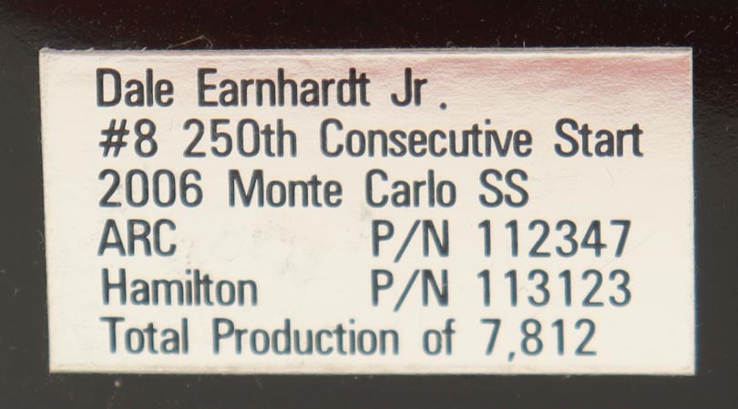 Dale Earnhardt Jr. Signed NASCAR #8 250th Consecutive Start 2006 Monte Carlo SS Club Car - 1:24 Scale Diecast Car (Dale Jr.) at PristineAuction.com Dale Earnhardt Jr. Signed NASCAR #8 250th Consecutive Start 2006 Monte Carlo SS Club Car - 1:24 Scale Diecast Car (Dale Jr.) at PristineAuction.com