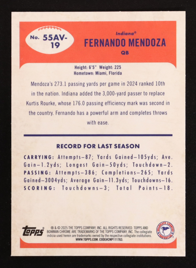 Fernando Mendoza 2025 Bowman Chrome University '55 Bowman #55AV19 RC at PristineAuction.com Fernando Mendoza 2025 Bowman Chrome University '55 Bowman #55AV19 RC at PristineAuction.com