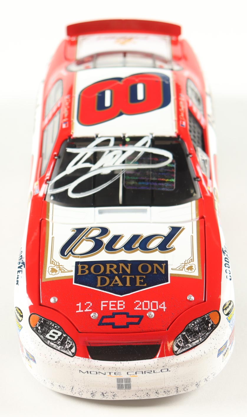 Dale Earnhardt Jr. Signed 2004 #8 Budweiser / Born On Date Twin 125 Win Raced Version Monte Carlo 1:24 Diecast Car (JR Motorsports) at PristineAuction.com Dale Earnhardt Jr. Signed 2004 #8 Budweiser / Born On Date Twin 125 Win Raced Version Monte Carlo 1:24 Diecast Car (JR Motorsports) at PristineAuction.com