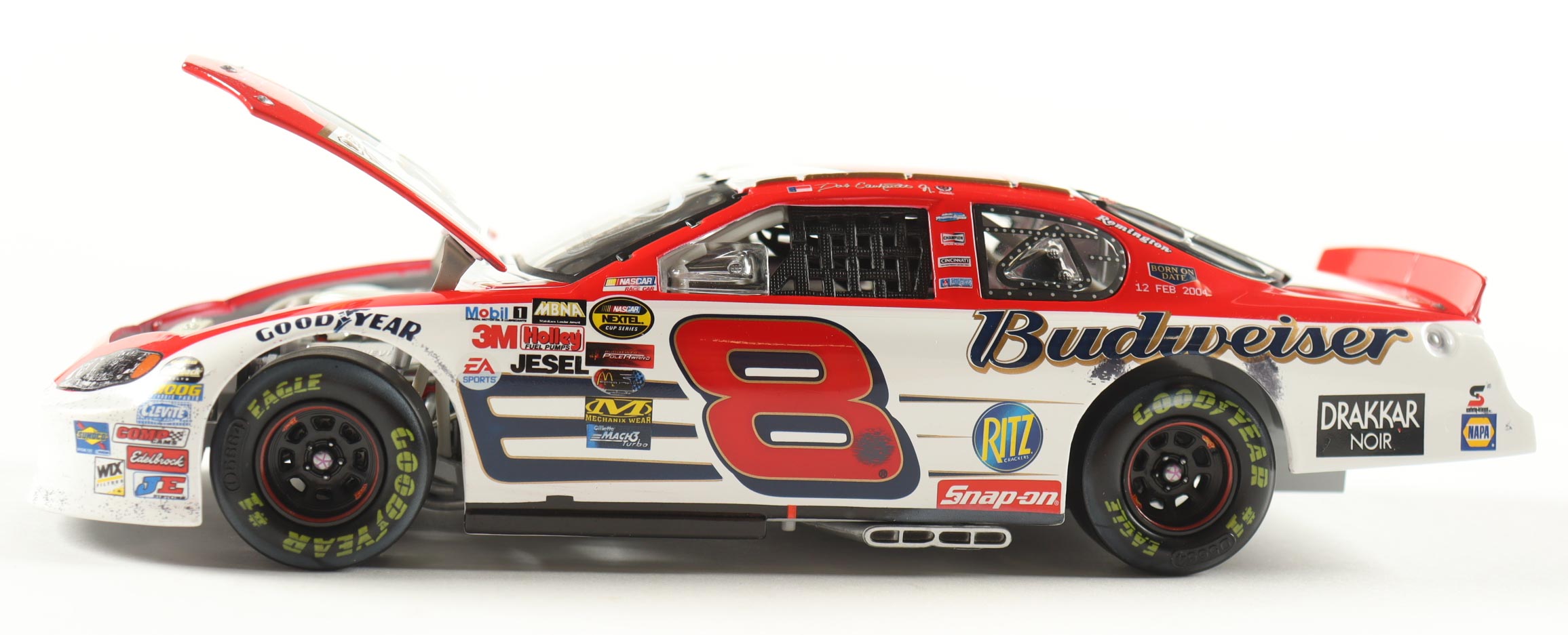 Dale Earnhardt Jr. Signed 2004 #8 Budweiser / Born On Date Twin 125 Win Raced Version Monte Carlo 1:24 Diecast Car (JR Motorsports) at PristineAuction.com Dale Earnhardt Jr. Signed 2004 #8 Budweiser / Born On Date Twin 125 Win Raced Version Monte Carlo 1:24 Diecast Car (JR Motorsports) at PristineAuction.com