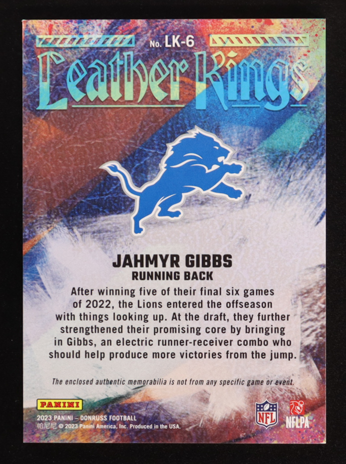 Jahmyr Gibbs 2023 Donruss Leather Kings Jerseys #6 #218/399 RC at PristineAuction.com Jahmyr Gibbs 2023 Donruss Leather Kings Jerseys #6 #218/399 RC at PristineAuction.com