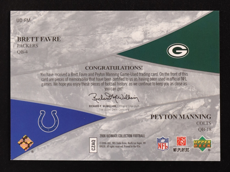 Brett Favre / Peyton Manning 2006 Ultimate Collection Jerseys Dual #UDFM #92/99 at PristineAuction.com Brett Favre / Peyton Manning 2006 Ultimate Collection Jerseys Dual #UDFM #92/99 at PristineAuction.com