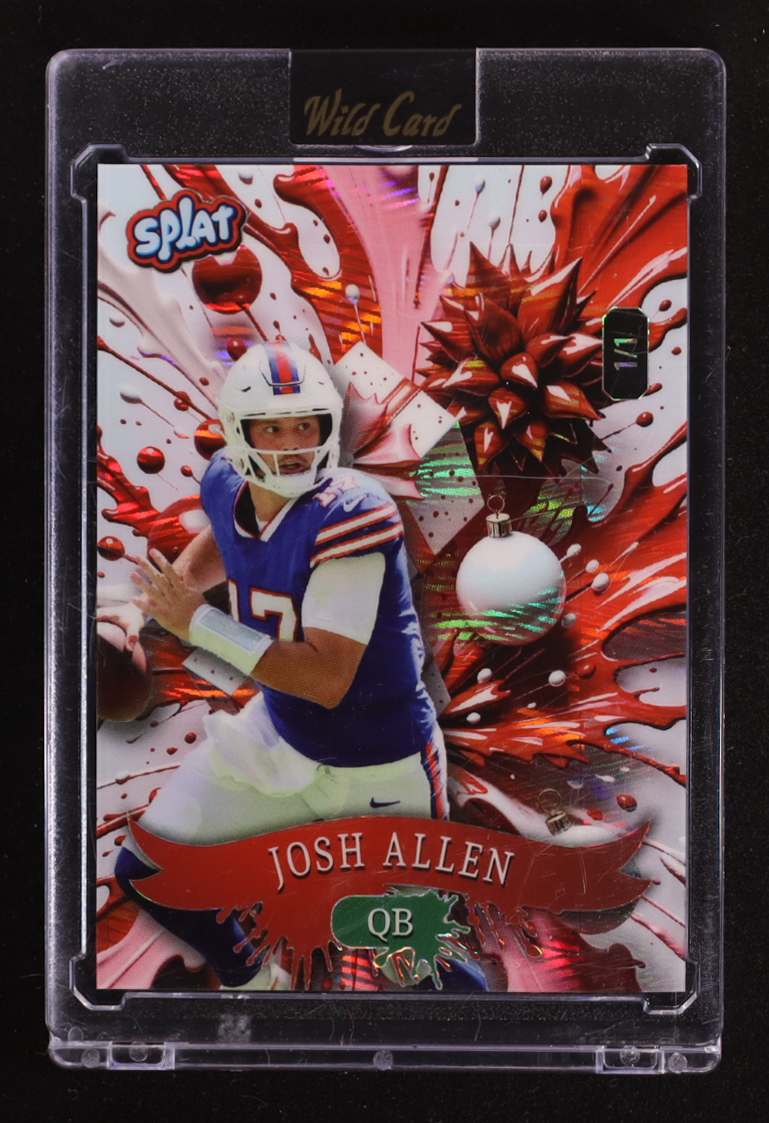 Josh Allen 2025 Wild Card Splat Background 5 Gifts and Ornaments Red CD Disc Foil #SCFWRd5-JA #1/1 at PristineAuction.com Josh Allen 2025 Wild Card Splat Background 5 Gifts and Ornaments Red CD Disc Foil #SCFWRd5-JA #1/1 at PristineAuction.com