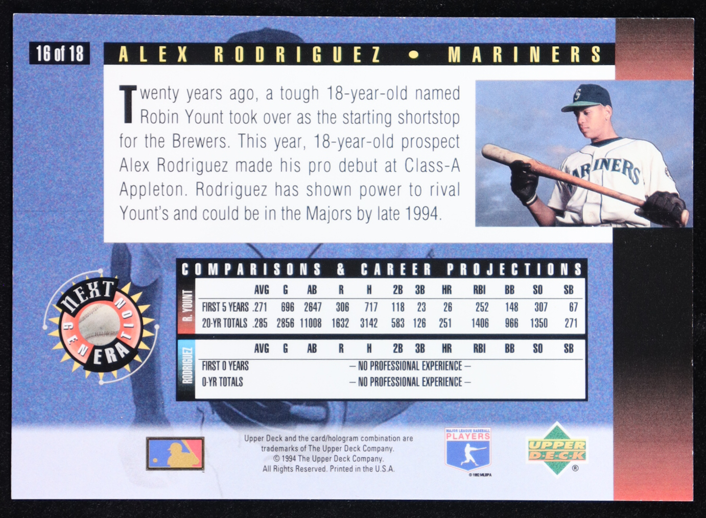 Alex Rodriguez 1994 Upper Deck Next Generation Electric Diamond #16 RC at PristineAuction.com Alex Rodriguez 1994 Upper Deck Next Generation Electric Diamond #16 RC at PristineAuction.com