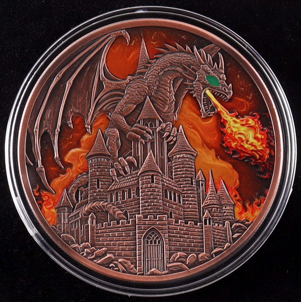 Glowing Eyes Dragon High Relief 5 Ounce AVDP .999 Fine Copper Bullion Round at PristineAuction.com Glowing Eyes Dragon High Relief 5 Ounce AVDP .999 Fine Copper Bullion Round at PristineAuction.com