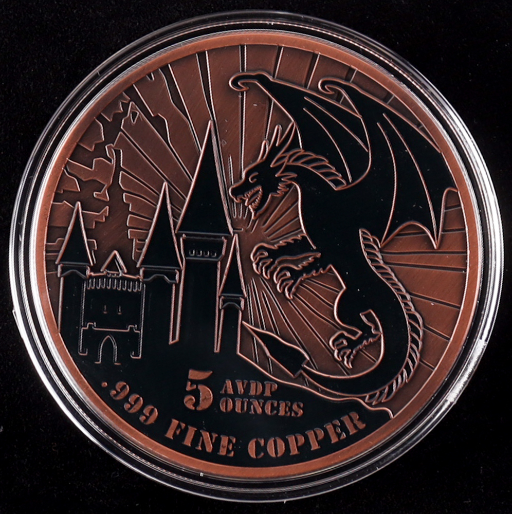 Glowing Eyes Dragon High Relief 5 Ounce AVDP .999 Fine Copper Bullion Round at PristineAuction.com Glowing Eyes Dragon High Relief 5 Ounce AVDP .999 Fine Copper Bullion Round at PristineAuction.com