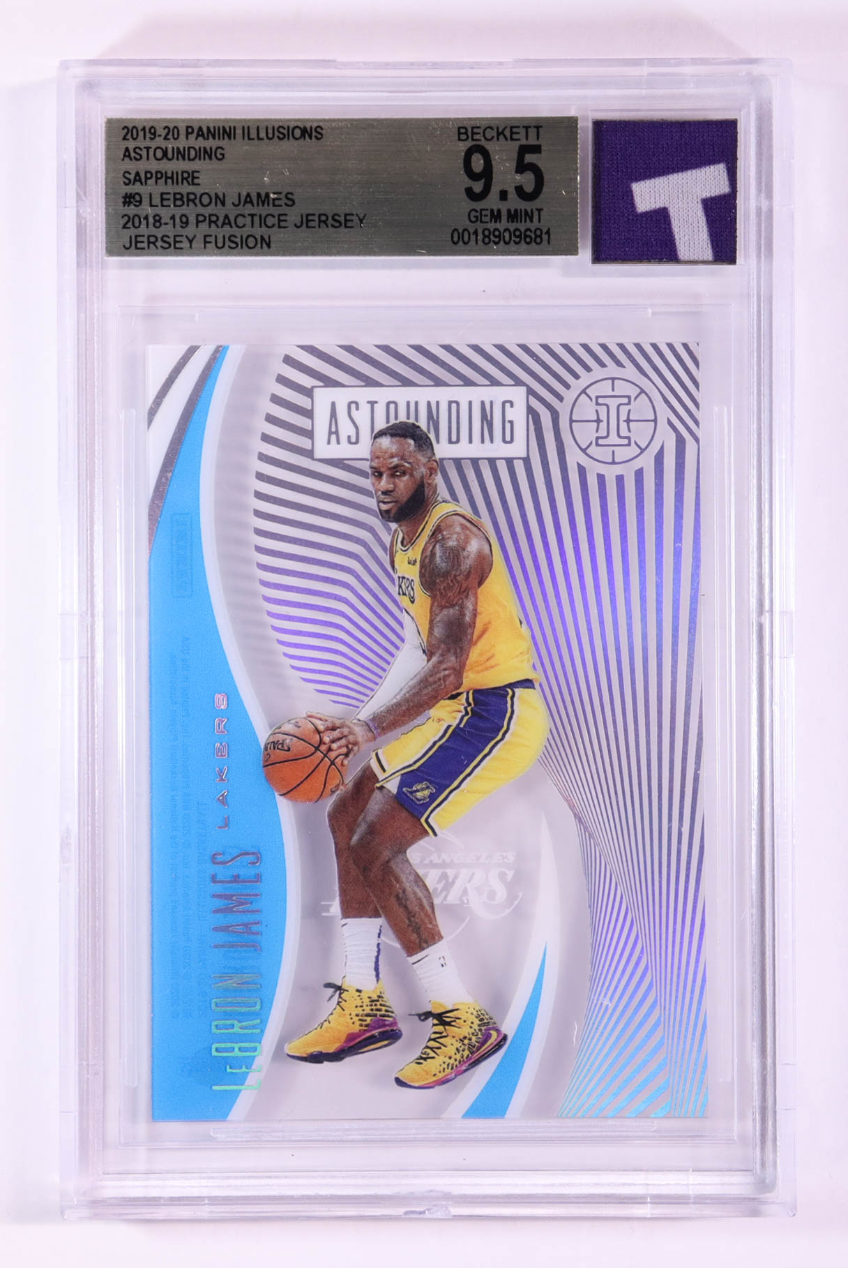 LeBron James 2019-20 Panini Illusions Astounding Sapphire #9 With Practice Jersey Swatch (BGS 9.5) at PristineAuction.com LeBron James 2019-20 Panini Illusions Astounding Sapphire #9 With Practice Jersey Swatch (BGS 9.5) at PristineAuction.com