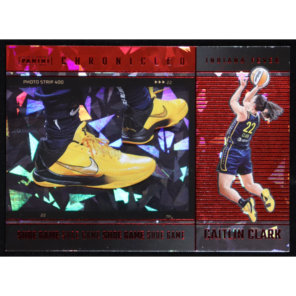 Caitlin Clark 2025 Panini Caitlin Clark Chronicled Red Cracked Ice #76 / Shoe Game at PristineAuction.com