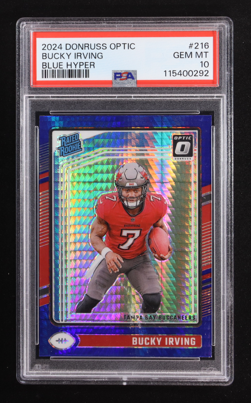 Bucky Irving 2024 Donruss Optic Blue Hyper #216 RR RC (PSA 10) at PristineAuction.com Bucky Irving 2024 Donruss Optic Blue Hyper #216 RR RC (PSA 10) at PristineAuction.com