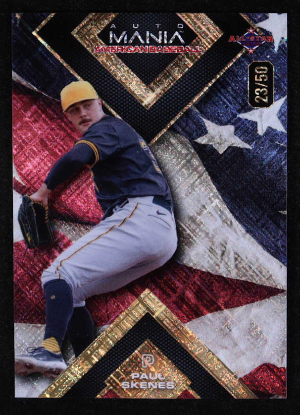 Paul Skenes 2024 Wild Card Auto Mania American Baseball American Flag Rainbow Foil #AMADPS3 #23/50 RC at PristineAuction.com Paul Skenes 2024 Wild Card Auto Mania American Baseball American Flag Rainbow Foil #AMADPS3 #23/50 RC at PristineAuction.com