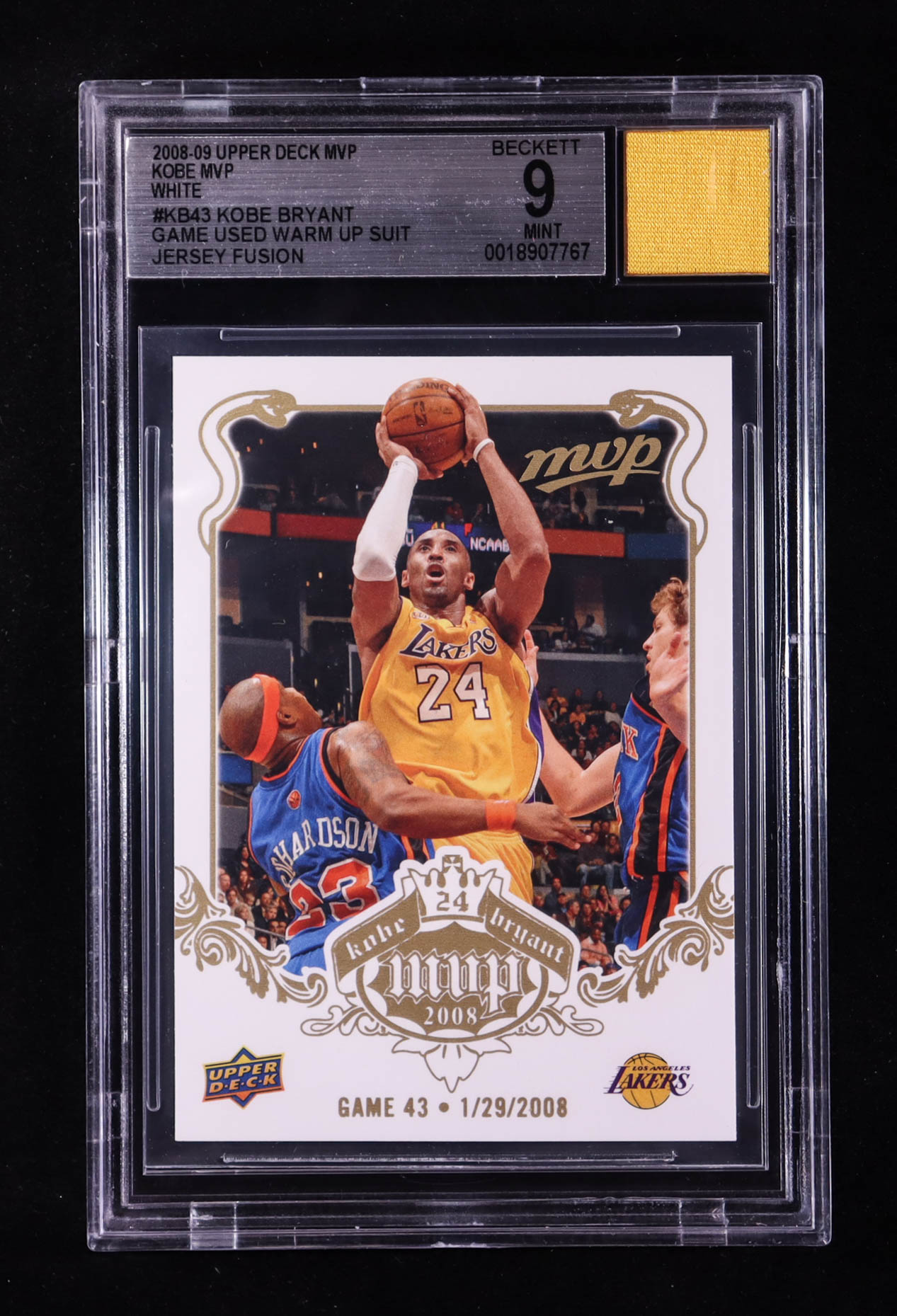 Kobe Bryant 2008-09 Upper Deck MVP Kobe MVP White #KB43 With Warm-Up Suit Swatch (BGS 9) at PristineAuction.com Kobe Bryant 2008-09 Upper Deck MVP Kobe MVP White #KB43 With Warm-Up Suit Swatch (BGS 9) at PristineAuction.com
