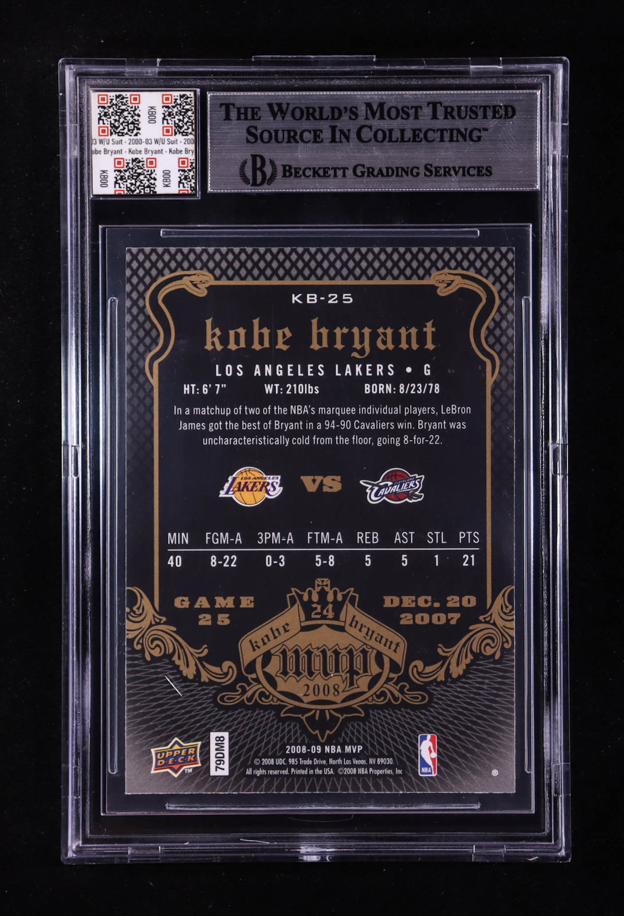 Kobe Bryant 2008-09 Upper Deck MVP Kobe MVP #KB25 With Warm-Up Suit Swatch (BGS 9) at PristineAuction.com Kobe Bryant 2008-09 Upper Deck MVP Kobe MVP #KB25 With Warm-Up Suit Swatch (BGS 9) at PristineAuction.com