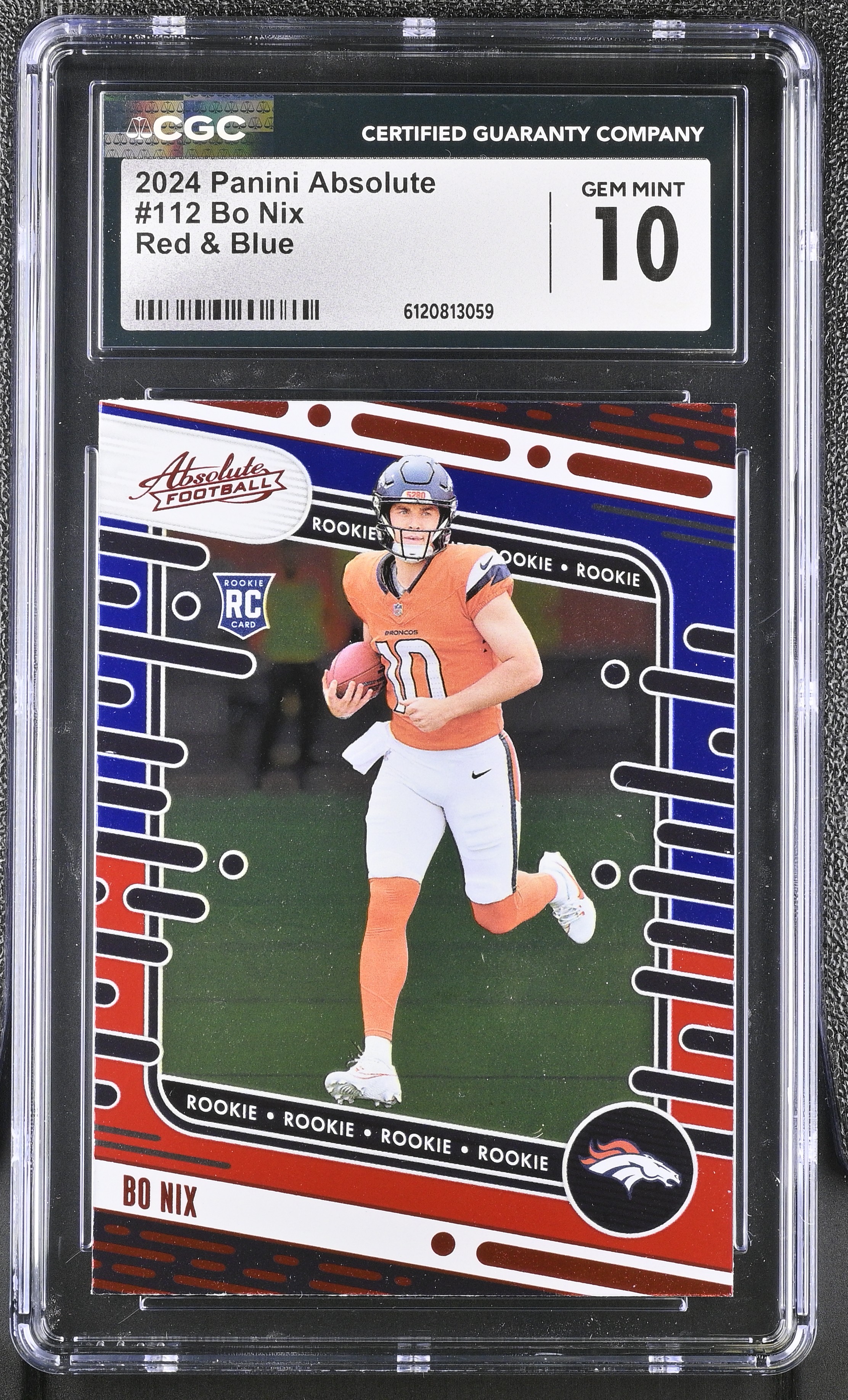 Bo Nix 2024 Panini Absolute Red & Blue #112 RC (CGC GEM MINT 10) at PristineAuction.com Bo Nix 2024 Panini Absolute Red & Blue #112 RC (CGC GEM MINT 10) at PristineAuction.com