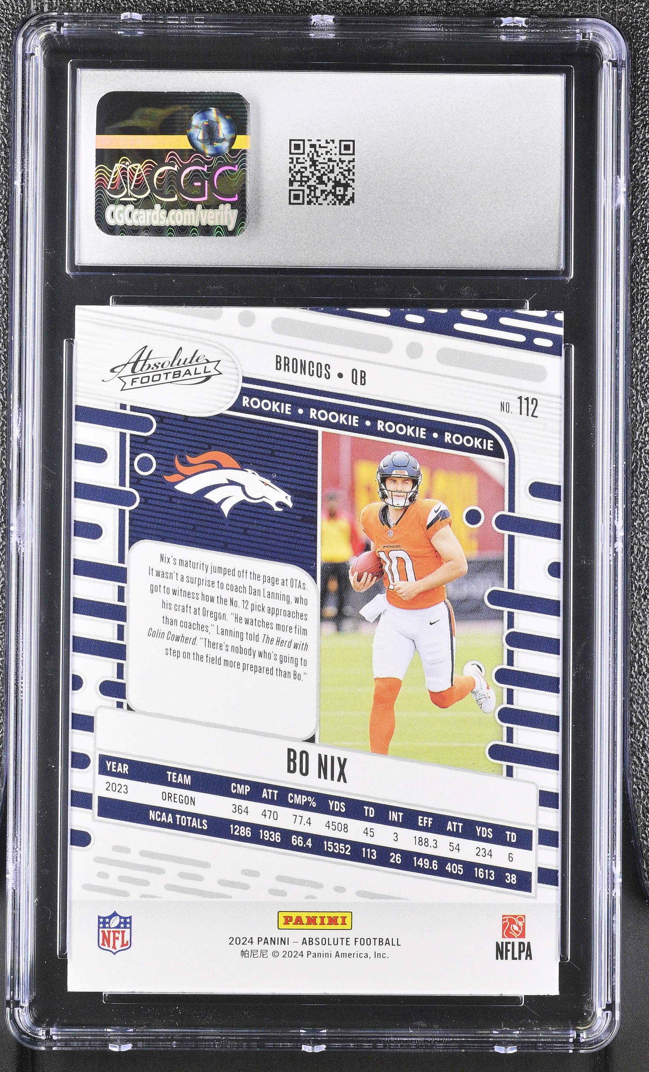 Bo Nix 2024 Panini Absolute Red & Blue #112 RC (CGC GEM MINT 10) at PristineAuction.com Bo Nix 2024 Panini Absolute Red & Blue #112 RC (CGC GEM MINT 10) at PristineAuction.com