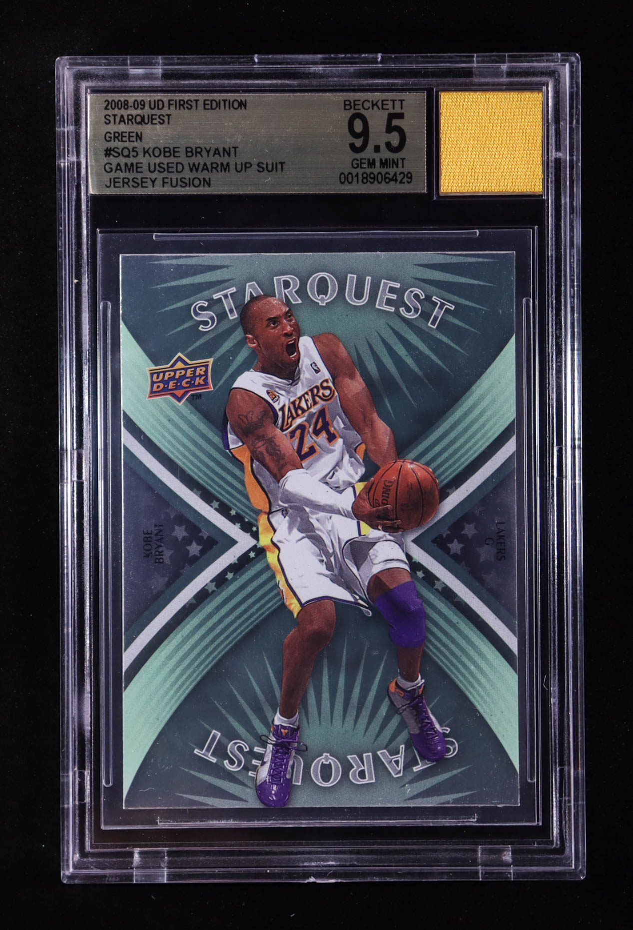 Kobe Bryant 2008-09 Upper Deck First Edition Starquest Green #SQ5 With Warm-Up Suit Swatch (BGS 9.5) at PristineAuction.com Kobe Bryant 2008-09 Upper Deck First Edition Starquest Green #SQ5 With Warm-Up Suit Swatch (BGS 9.5) at PristineAuction.com