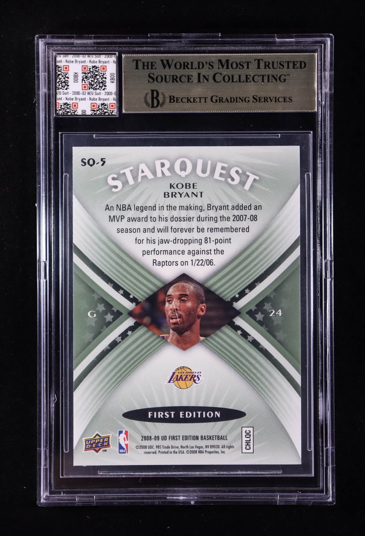 Kobe Bryant 2008-09 Upper Deck First Edition Starquest Green #SQ5 With Warm-Up Suit Swatch (BGS 9.5) at PristineAuction.com Kobe Bryant 2008-09 Upper Deck First Edition Starquest Green #SQ5 With Warm-Up Suit Swatch (BGS 9.5) at PristineAuction.com