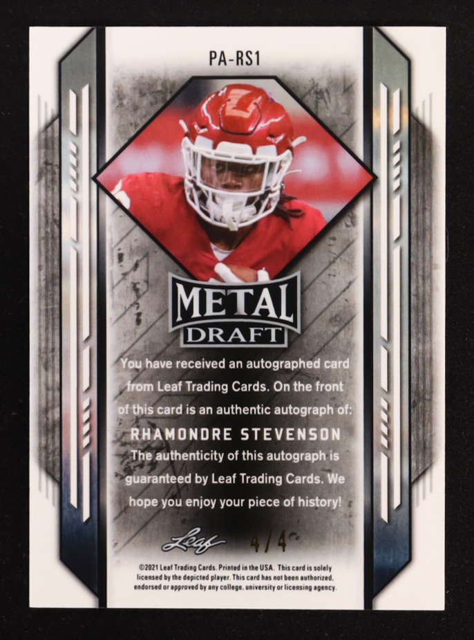 Rhamondre Stevenson 2021 Leaf Metal Draft Black Mojo Signatures #PARS1 #4/4 RC at PristineAuction.com Rhamondre Stevenson 2021 Leaf Metal Draft Black Mojo Signatures #PARS1 #4/4 RC at PristineAuction.com
