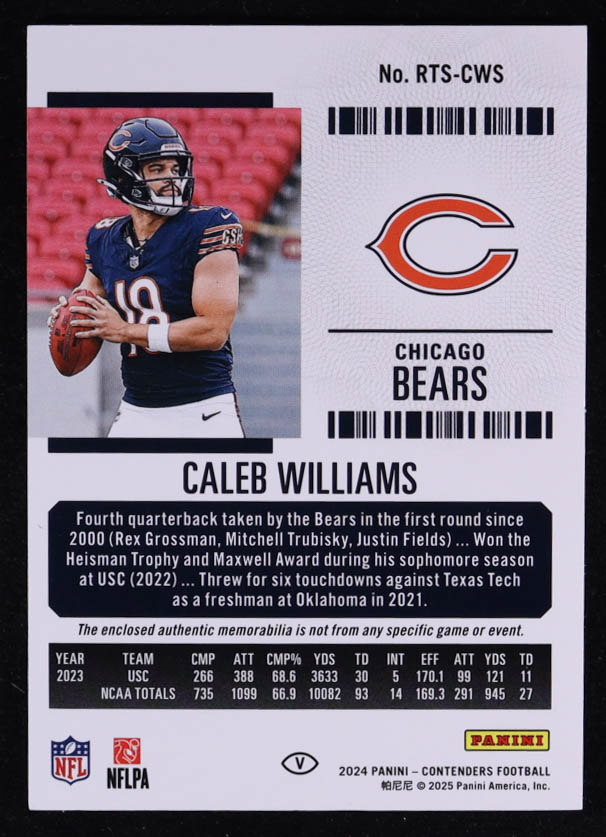 Caleb Williams 2024 Panini Contenders Rookie Ticket Swatches #1 RC at PristineAuction.com Caleb Williams 2024 Panini Contenders Rookie Ticket Swatches #1 RC at PristineAuction.com