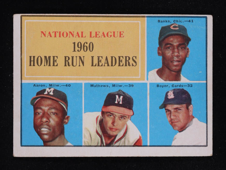 Ernie Banks / Hank Aaron / Ed Mathews / Ken Boyer 1961 Topps #43 NL Home Run Leaders at PristineAuction.com Ernie Banks / Hank Aaron / Ed Mathews / Ken Boyer 1961 Topps #43 NL Home Run Leaders at PristineAuction.com