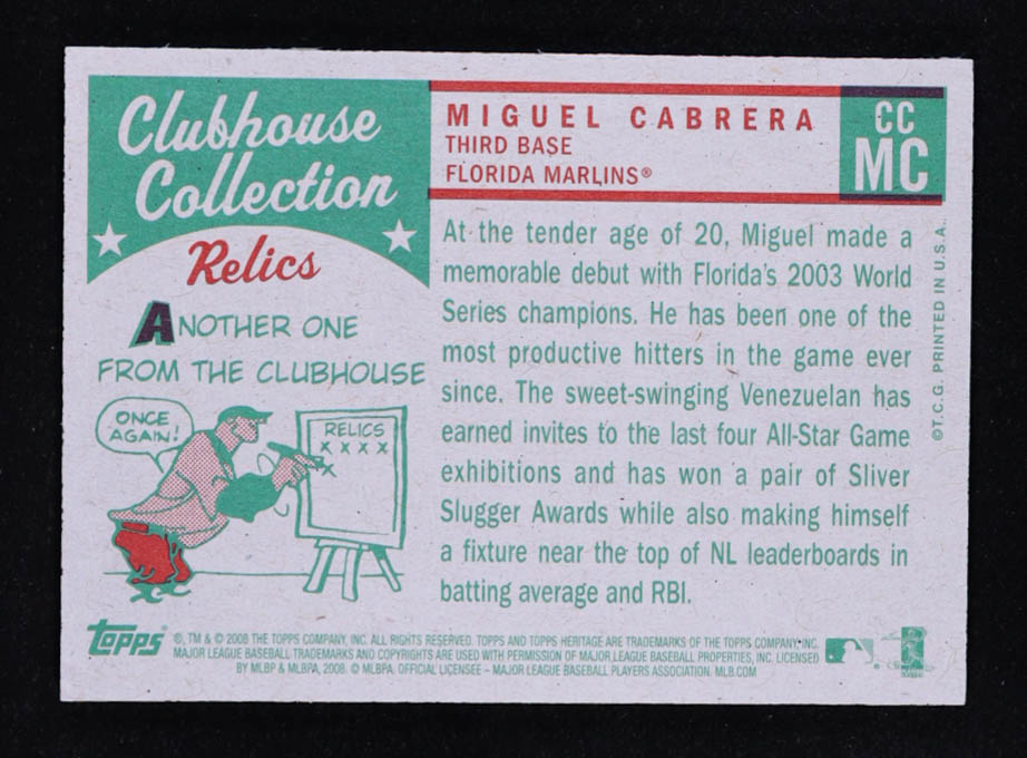 Miguel Cabrera 2008 Topps Heritage Clubhouse Collection Relics #MC at PristineAuction.com Miguel Cabrera 2008 Topps Heritage Clubhouse Collection Relics #MC at PristineAuction.com