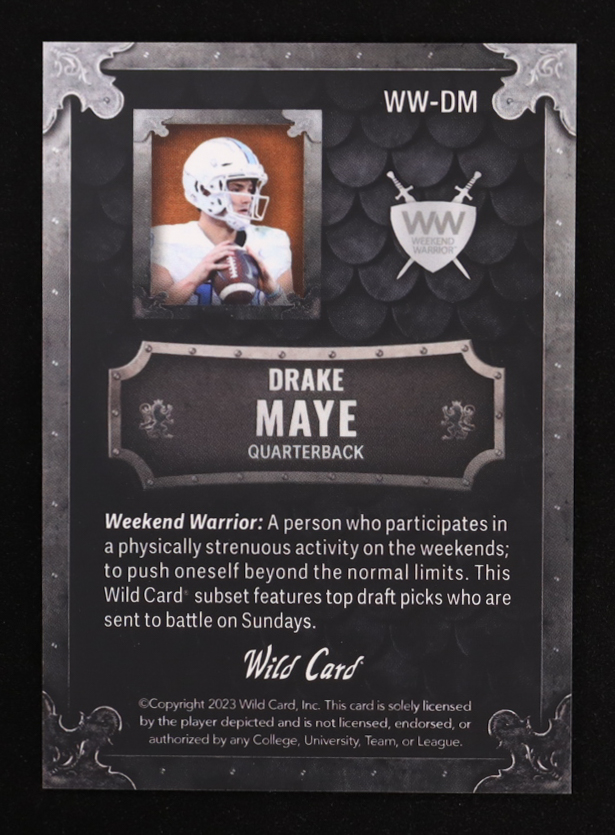 Drake Maye 2023 Wild Card Matte Weekend Warriors Black #WWDM RC #162/200 at PristineAuction.com Drake Maye 2023 Wild Card Matte Weekend Warriors Black #WWDM RC #162/200 at PristineAuction.com
