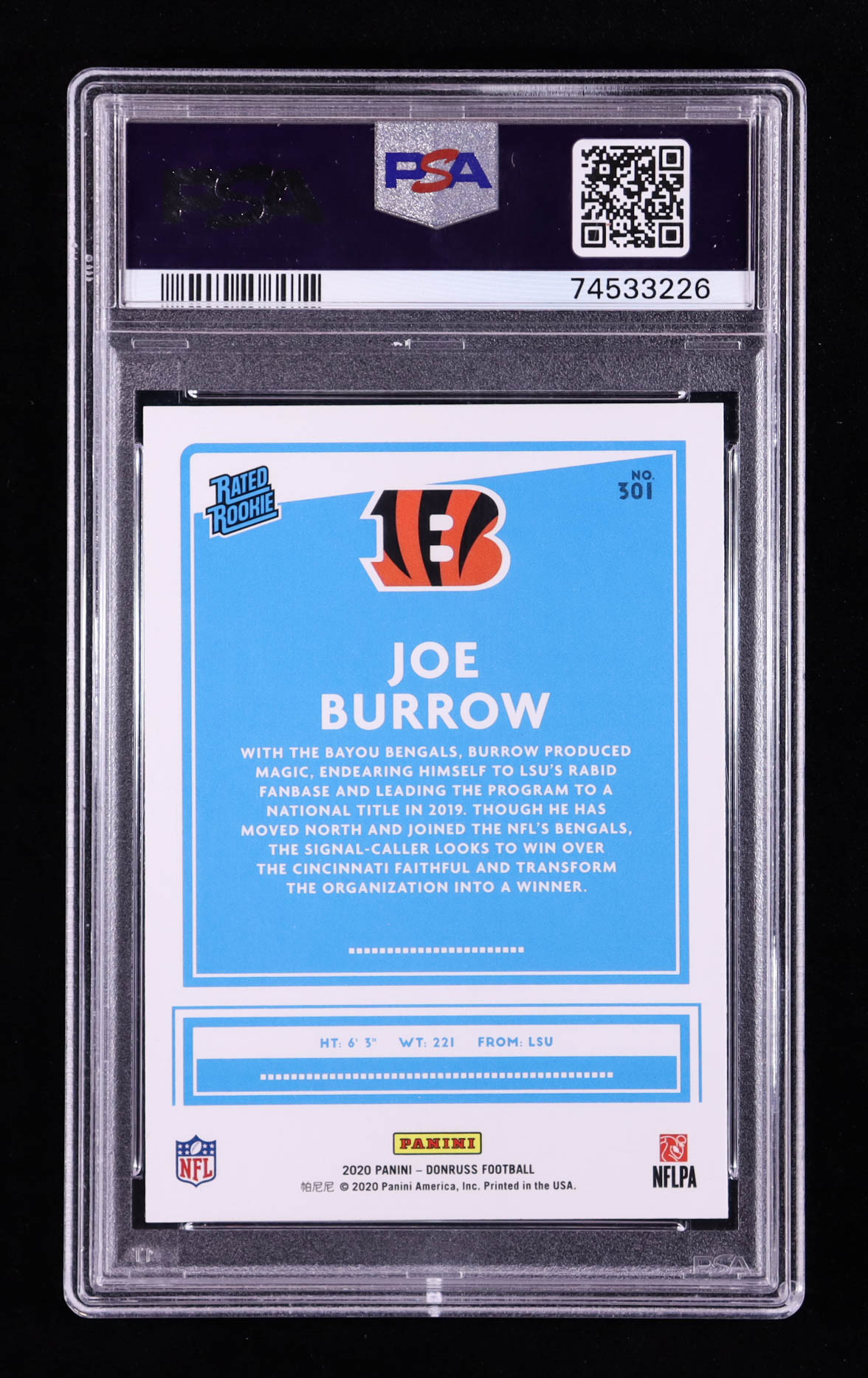 Joe Burrow 2020 Donruss Press Proof Blue #301 RR RC (PSA 9) at PristineAuction.com Joe Burrow 2020 Donruss Press Proof Blue #301 RR RC (PSA 9) at PristineAuction.com