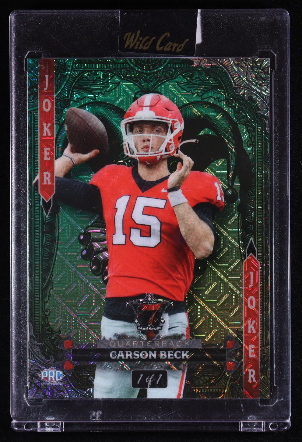 Carson Beck 2024 Wild Card 7 Card Studs Jokers Wild Green Gold Mojo #7JWCB #1/1 RC at PristineAuction.com Carson Beck 2024 Wild Card 7 Card Studs Jokers Wild Green Gold Mojo #7JWCB #1/1 RC at PristineAuction.com