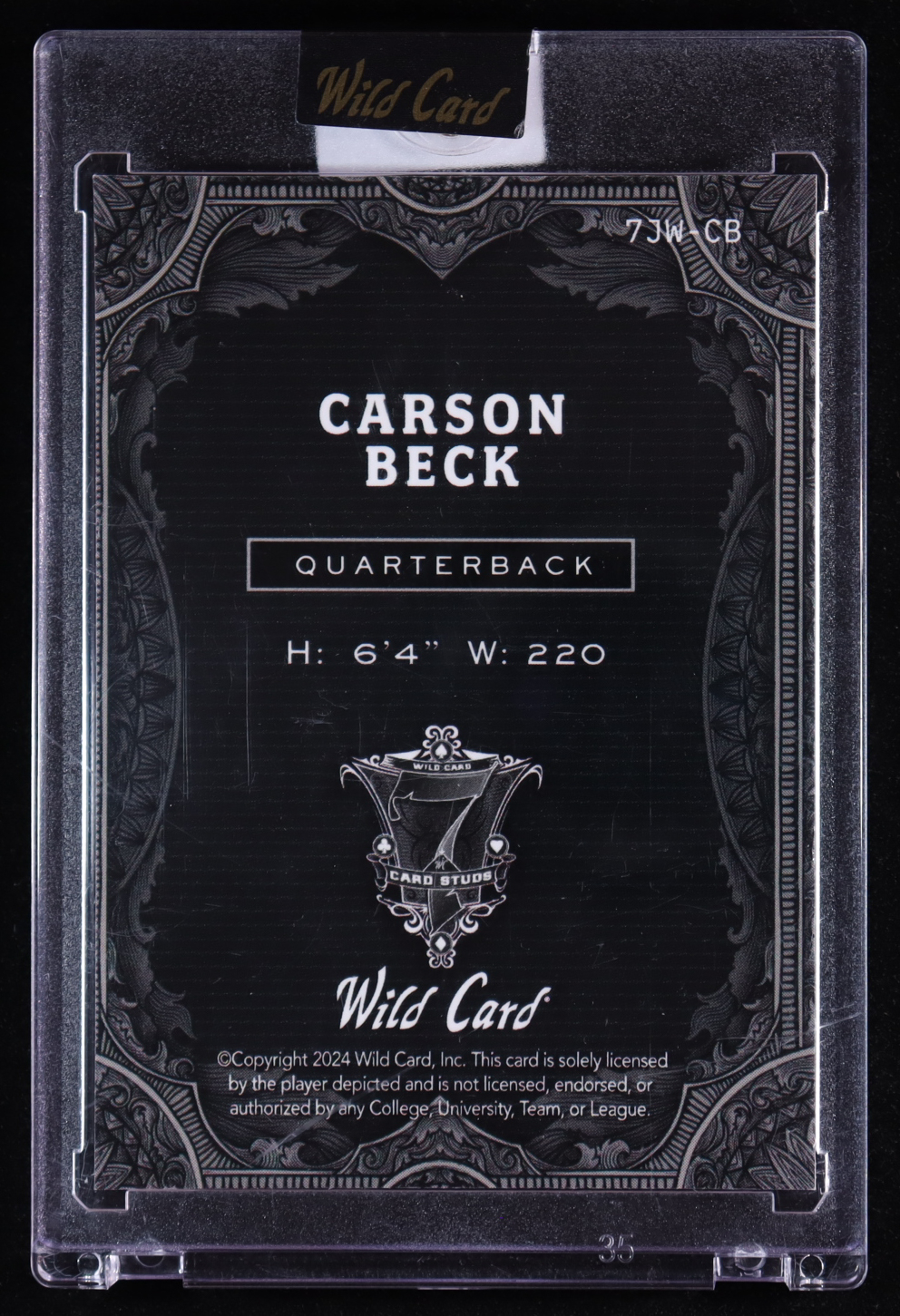 Carson Beck 2024 Wild Card 7 Card Studs Jokers Wild Green Gold Mojo #7JWCB #1/1 RC at PristineAuction.com Carson Beck 2024 Wild Card 7 Card Studs Jokers Wild Green Gold Mojo #7JWCB #1/1 RC at PristineAuction.com