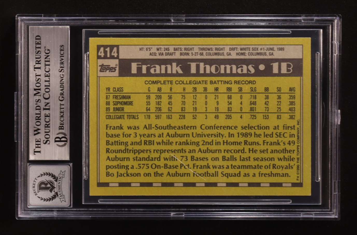 Frank Thomas Signed 1990 Topps #414 RC (BGS Authentic | Autograph Graded BGS 10) at PristineAuction.com Frank Thomas Signed 1990 Topps #414 RC (BGS Authentic | Autograph Graded BGS 10) at PristineAuction.com