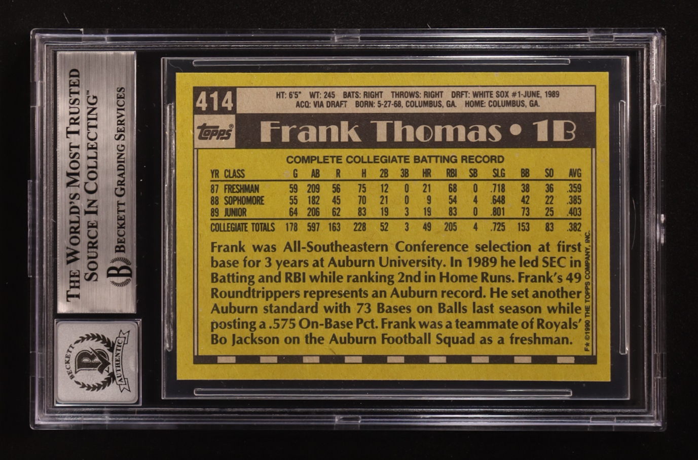 Frank Thomas Signed 1990 Topps #414 RC (BGS Authentic | Autograph Graded BGS 10) at PristineAuction.com Frank Thomas Signed 1990 Topps #414 RC (BGS Authentic | Autograph Graded BGS 10) at PristineAuction.com