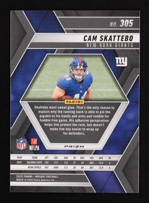 Cam Skattebo 2025 Panini Mosaic Mosaic #305 RC at PristineAuction.com Cam Skattebo 2025 Panini Mosaic Mosaic #305 RC at PristineAuction.com
