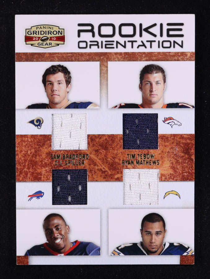 Sam Bradford / Tim Tebow / C.J. Spiller / Ryan Mathews 2010 Panini Gridiron Gear Rookie Orientation Materials Quad #9 #066/150 RC at PristineAuction.com Sam Bradford / Tim Tebow / C.J. Spiller / Ryan Mathews 2010 Panini Gridiron Gear Rookie Orientation Materials Quad #9 #066/150 RC at PristineAuction.com