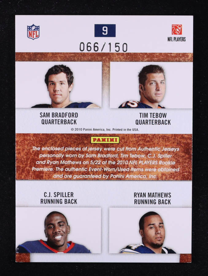 Sam Bradford / Tim Tebow / C.J. Spiller / Ryan Mathews 2010 Panini Gridiron Gear Rookie Orientation Materials Quad #9 #066/150 RC at PristineAuction.com Sam Bradford / Tim Tebow / C.J. Spiller / Ryan Mathews 2010 Panini Gridiron Gear Rookie Orientation Materials Quad #9 #066/150 RC at PristineAuction.com