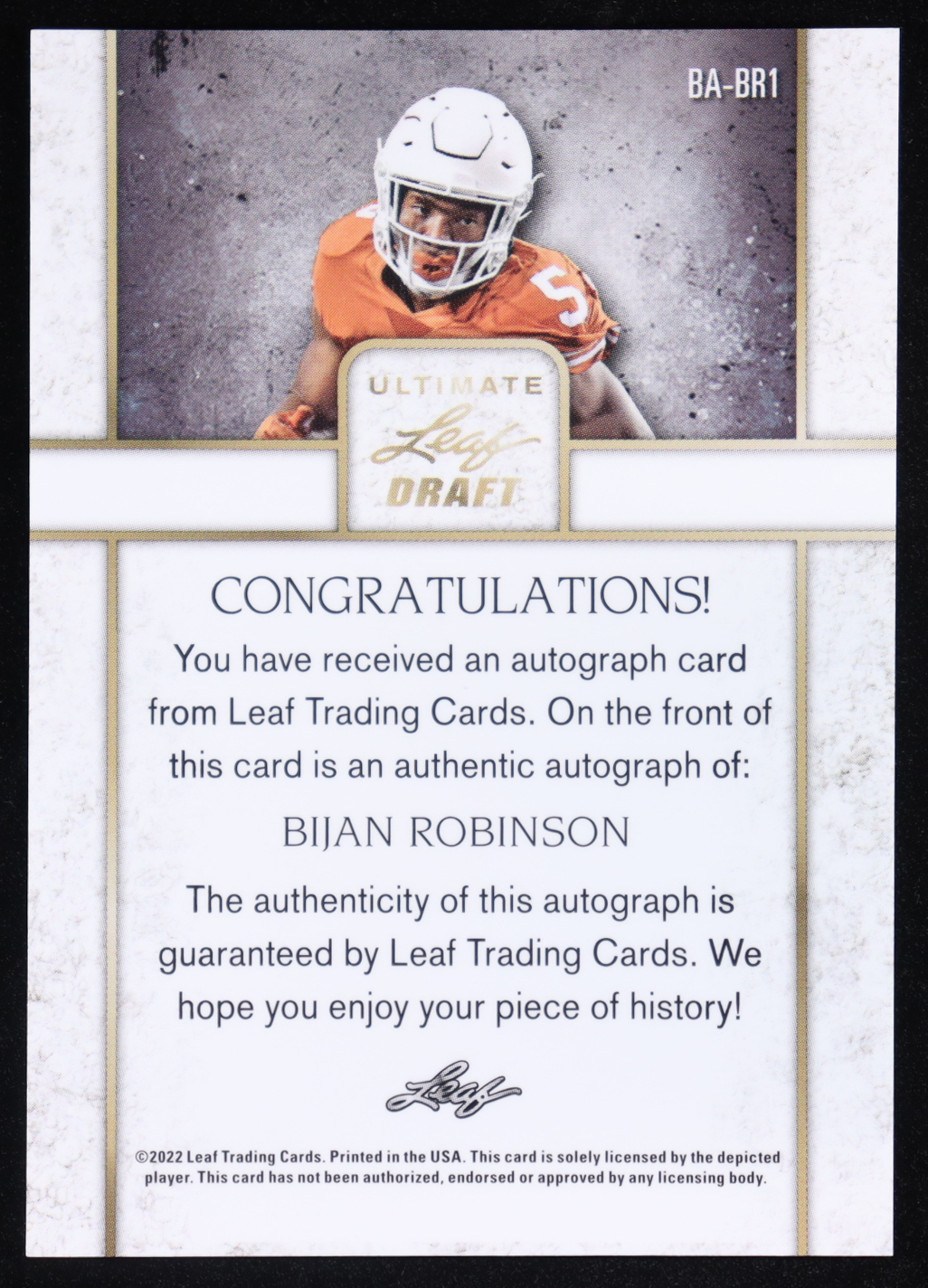 Bijan Robinson 2022 Leaf Ultimate Draft Navy #BABR1 #50/75 RC at PristineAuction.com Bijan Robinson 2022 Leaf Ultimate Draft Navy #BABR1 #50/75 RC at PristineAuction.com