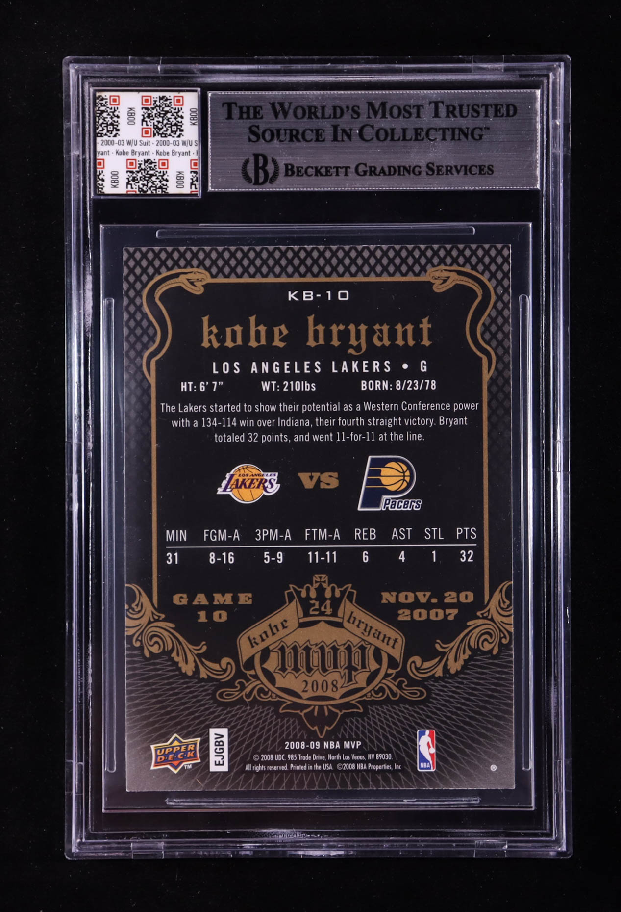 Kobe Bryant 2008-09 Upper Deck MVP Kobe MVP #KB10 With Warm-Up Suit Swatch (BGS) at PristineAuction.com Kobe Bryant 2008-09 Upper Deck MVP Kobe MVP #KB10 With Warm-Up Suit Swatch (BGS) at PristineAuction.com