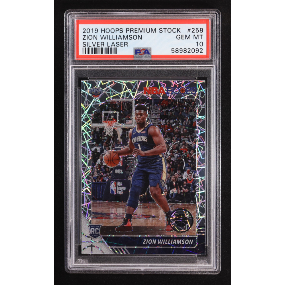 Zion Williamson 2019-20 Hoops Premium Stock Prizms Silver Laser #258 RC (PSA 10) at PristineAuction.com