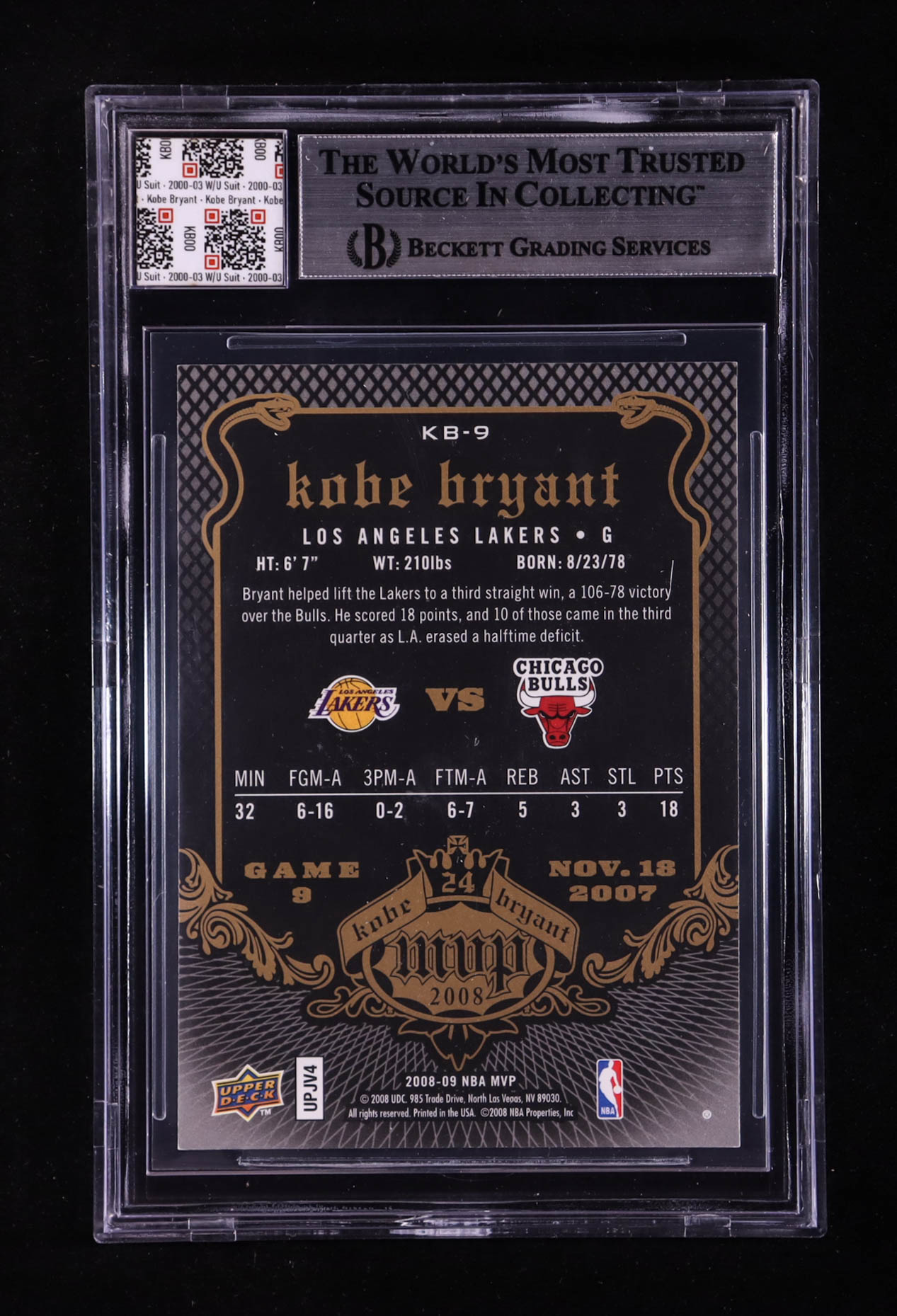 Kobe Bryant 2008-09 Upper Deck MVP Kobe MVP #KB9 With Warm-Up Suit Swatch (BGS) at PristineAuction.com Kobe Bryant 2008-09 Upper Deck MVP Kobe MVP #KB9 With Warm-Up Suit Swatch (BGS) at PristineAuction.com