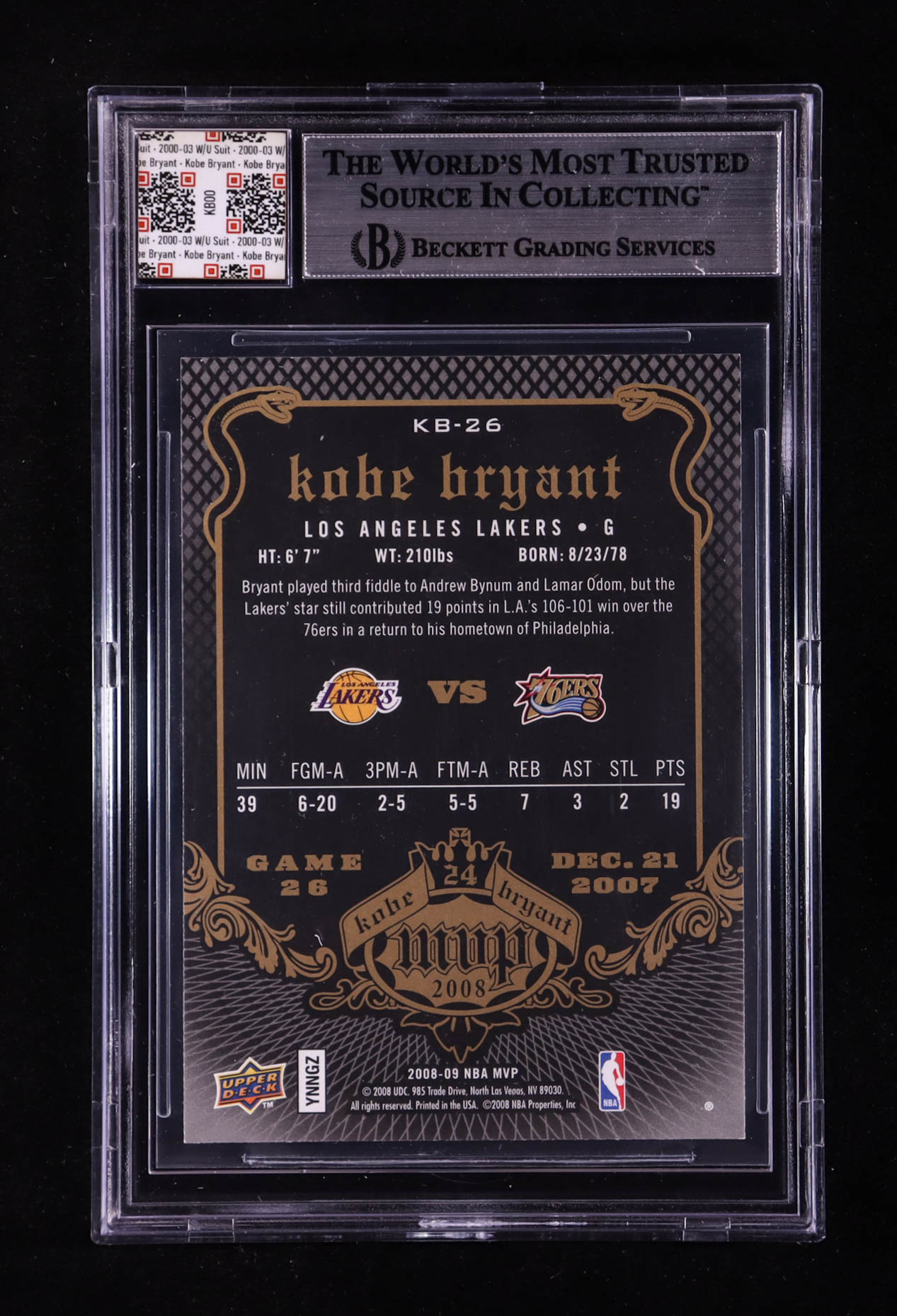 Kobe Bryant 2008-09 Upper Deck MVP Kobe MVP #KB26 With Warm-Up Suit Swatch (BGS) at PristineAuction.com Kobe Bryant 2008-09 Upper Deck MVP Kobe MVP #KB26 With Warm-Up Suit Swatch (BGS) at PristineAuction.com
