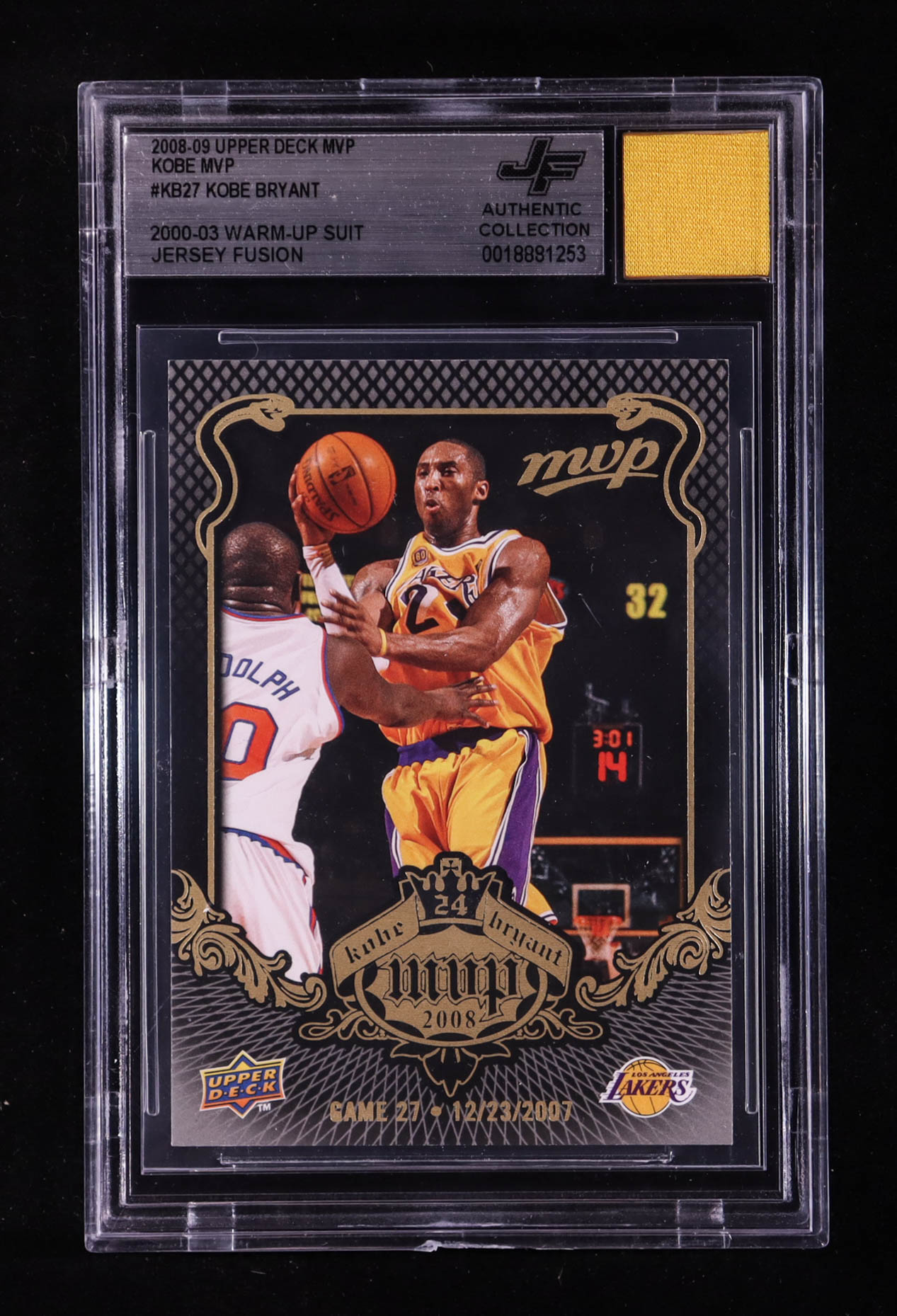 Kobe Bryant 2008-09 Upper Deck MVP Kobe MVP #KB27 With Warm-Up Suit Swatch (BGS) at PristineAuction.com Kobe Bryant 2008-09 Upper Deck MVP Kobe MVP #KB27 With Warm-Up Suit Swatch (BGS) at PristineAuction.com